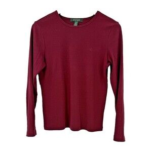 LAUREN Ralph Lauren 100% Cotton Petite MEDIUM Women's Maroon Long Sleeve Blouse